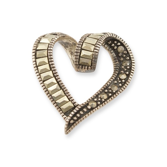 Vintage Sterling Silver Marcasite Open Heart Necklace Pendant - Picture 1 of 5